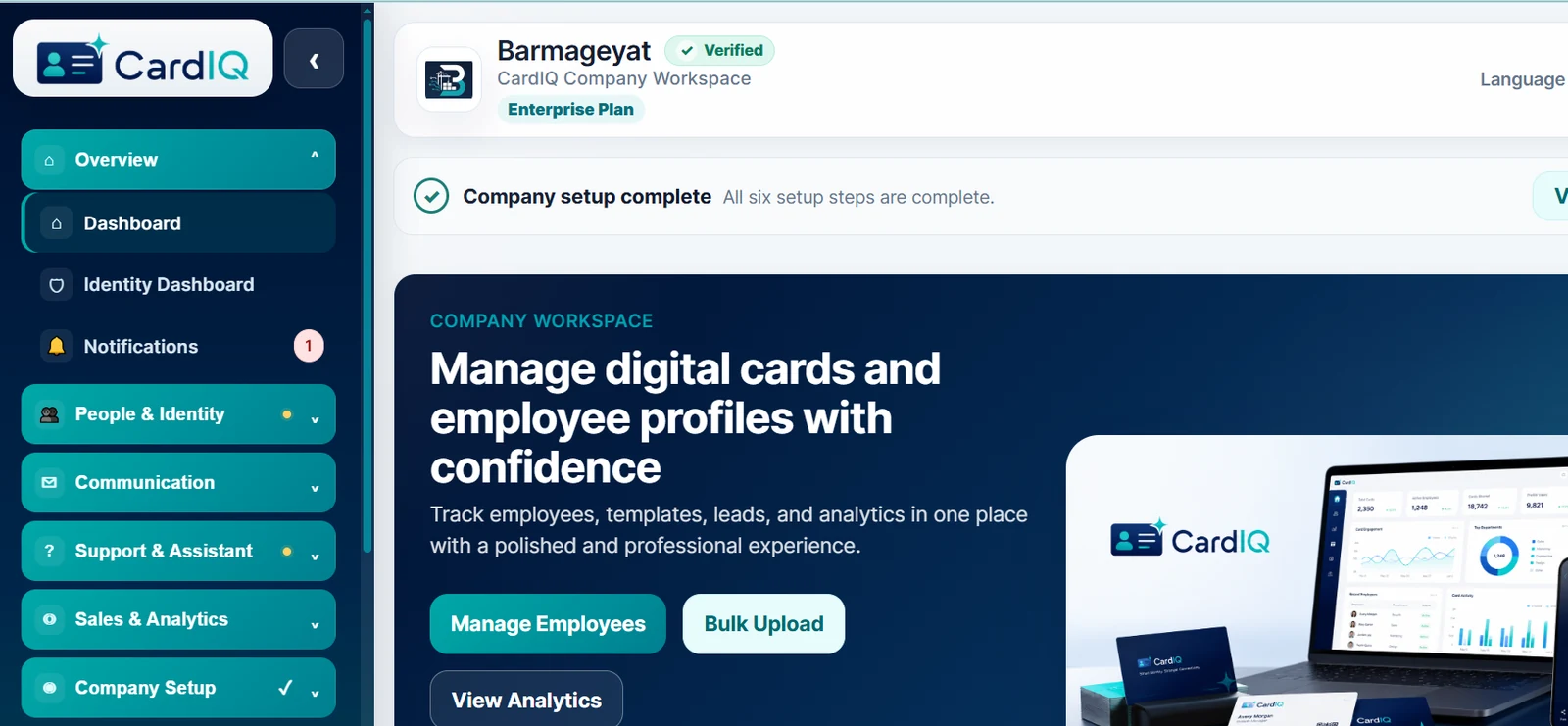 CardIQ company identity workspace for managing employees, digital cards, branding and analytics.