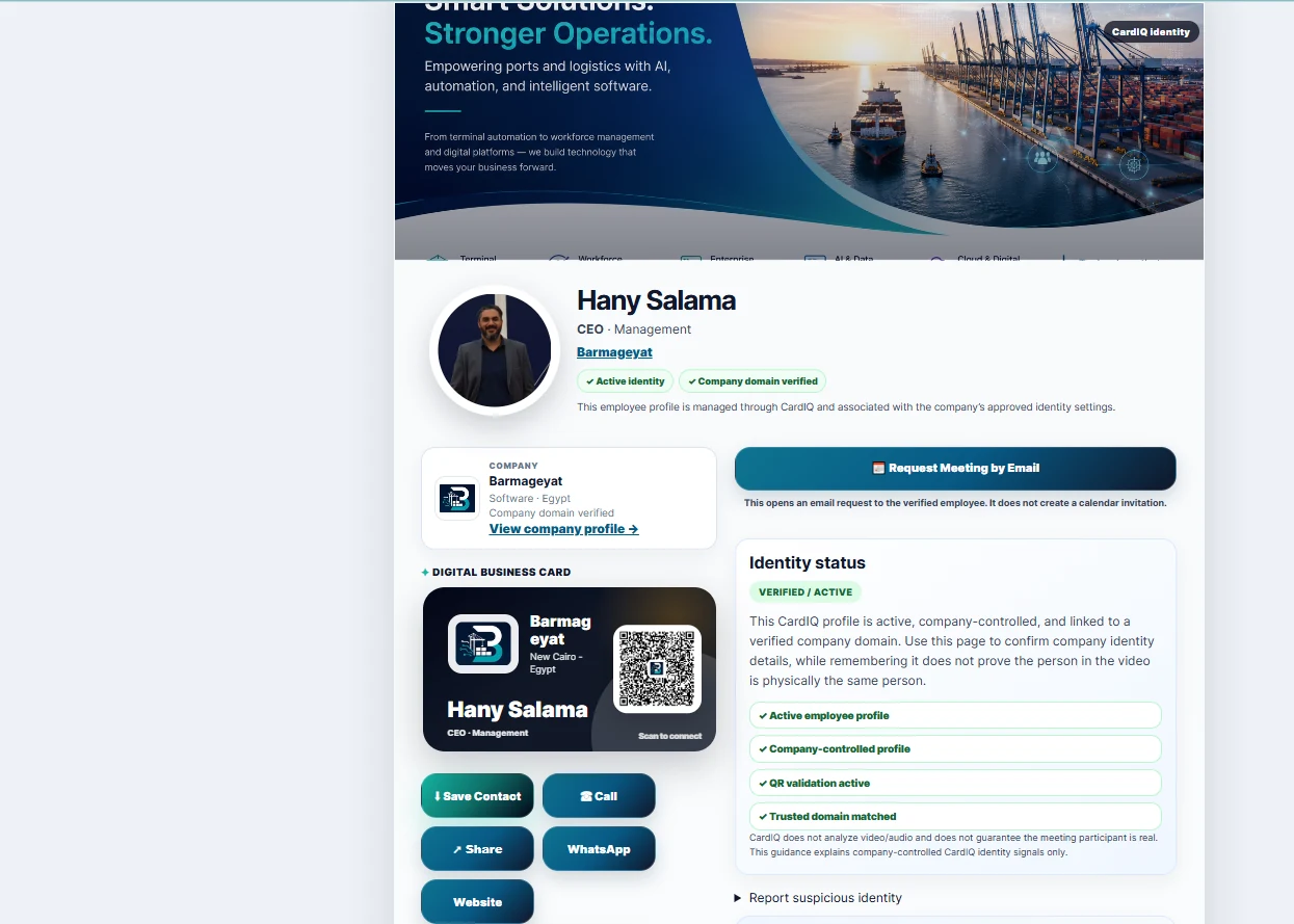 CardIQ verified employee public profile with business card, QR code and approved contact actions.