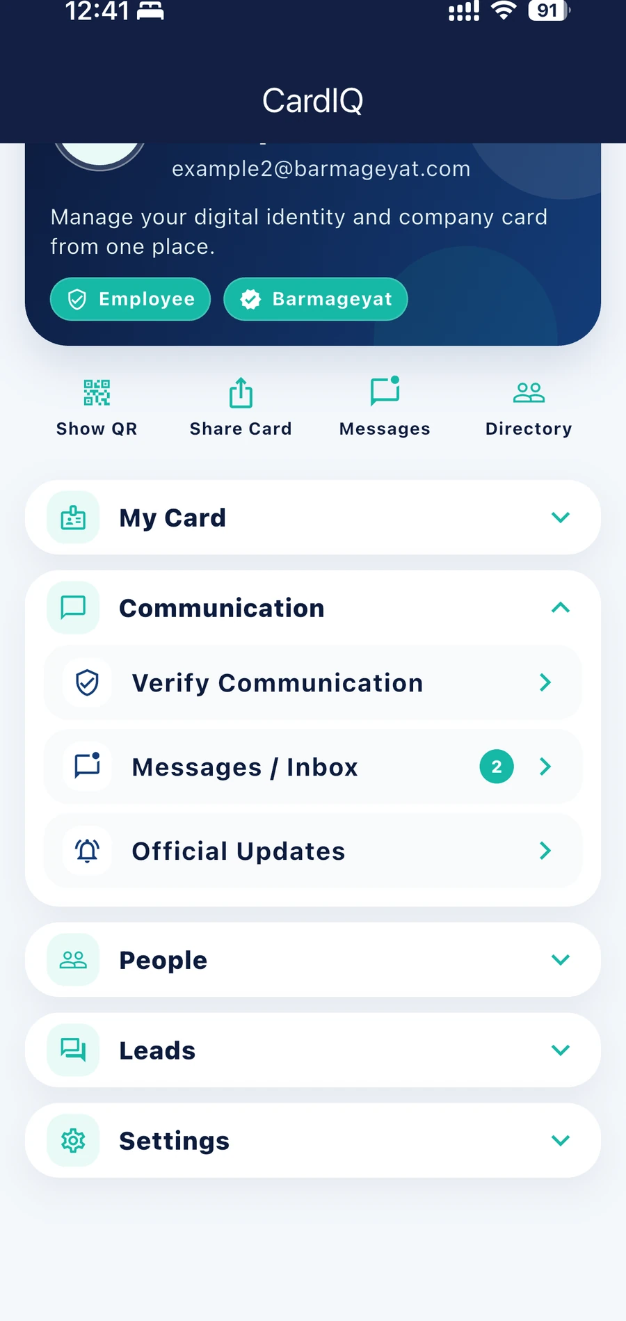 CardIQ mobile communication section showing Verify Communication, messages, and official updates.