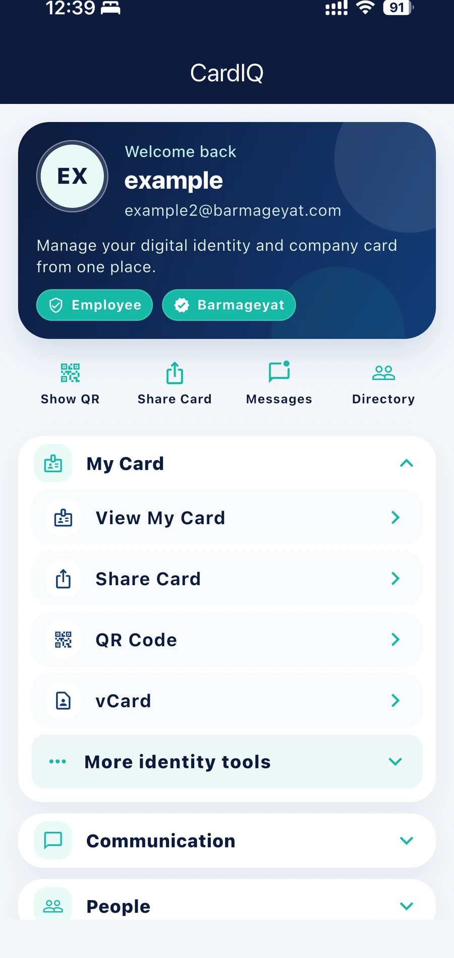CardIQ mobile employee workspace showing My Card, communication, people, and identity tools.