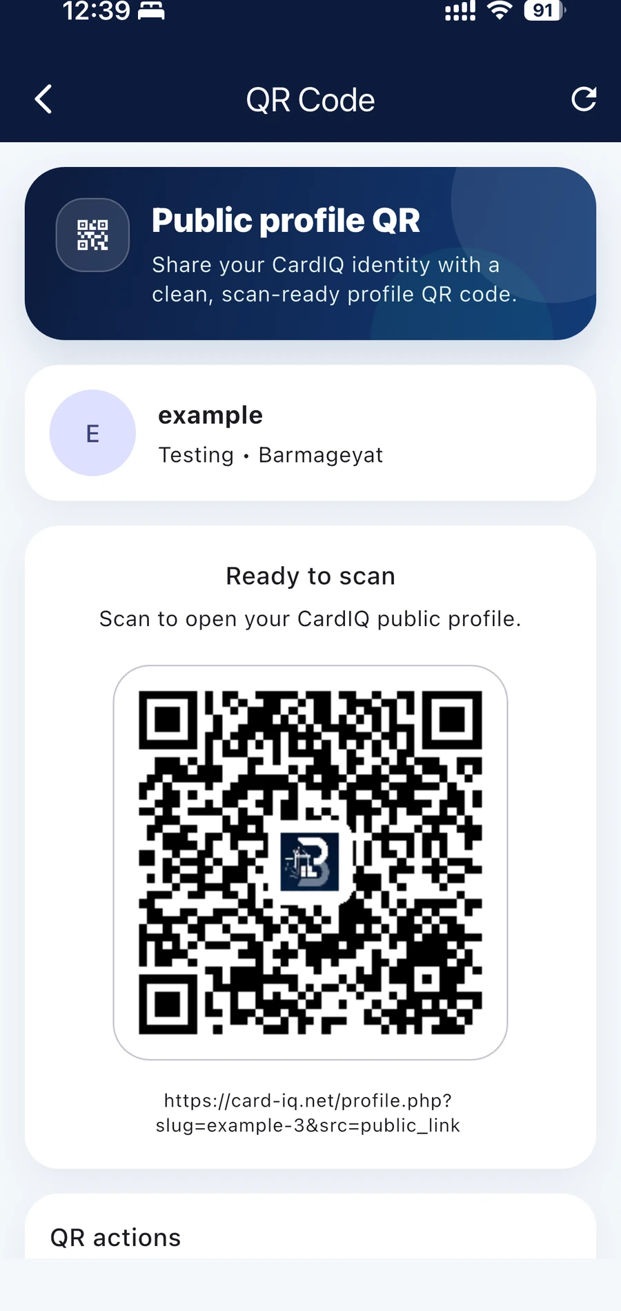 CardIQ mobile QR Code screen showing a public profile QR for employee identity sharing.