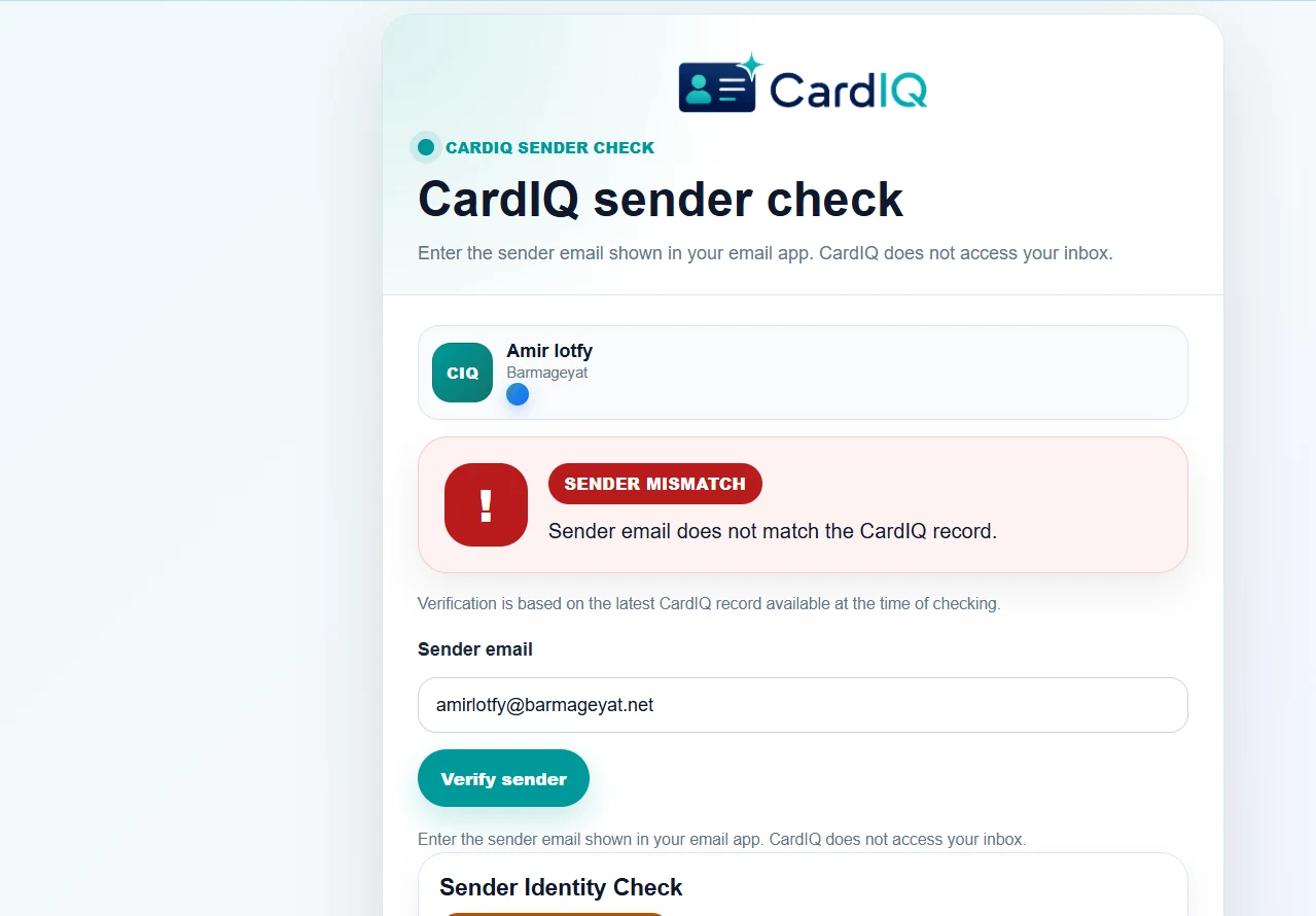 CardIQ email sender verification comparing a sender with a company-controlled identity record.